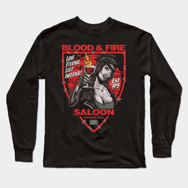 "BLOOD & FIRE SALOON" FRONT AND BACK RED Long Sleeve T-Shirt by joeyjamesartworx